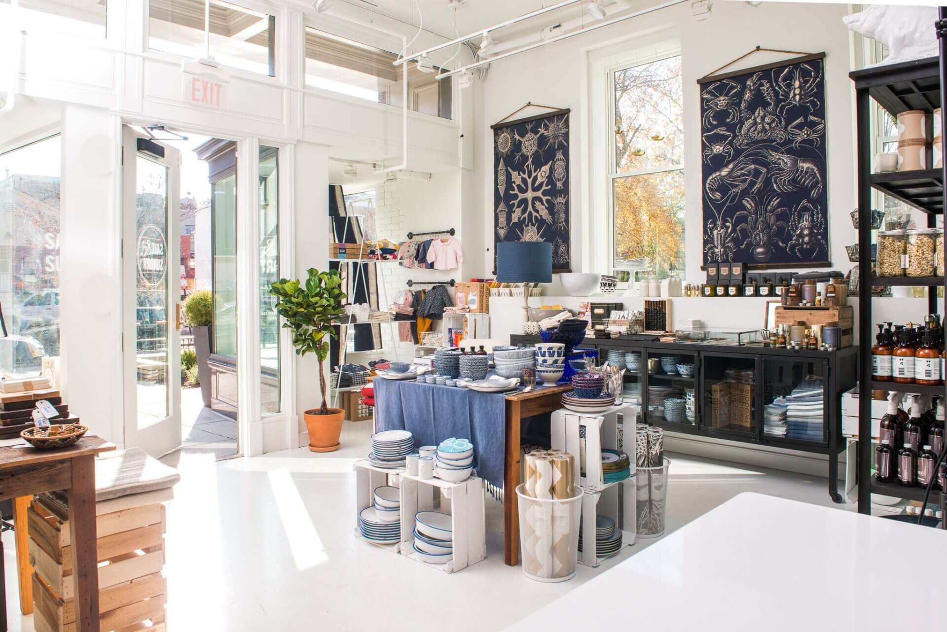 Cute store interior with home goods and tapestries